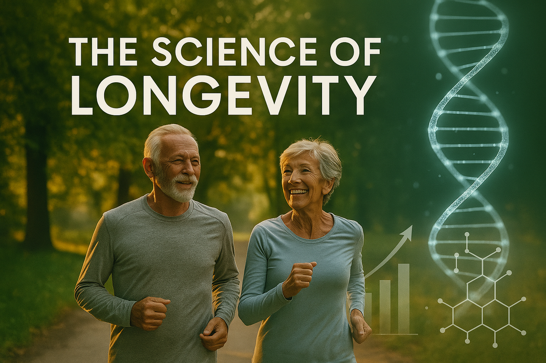 Illustration of longevity science concepts including cellular health and aging research