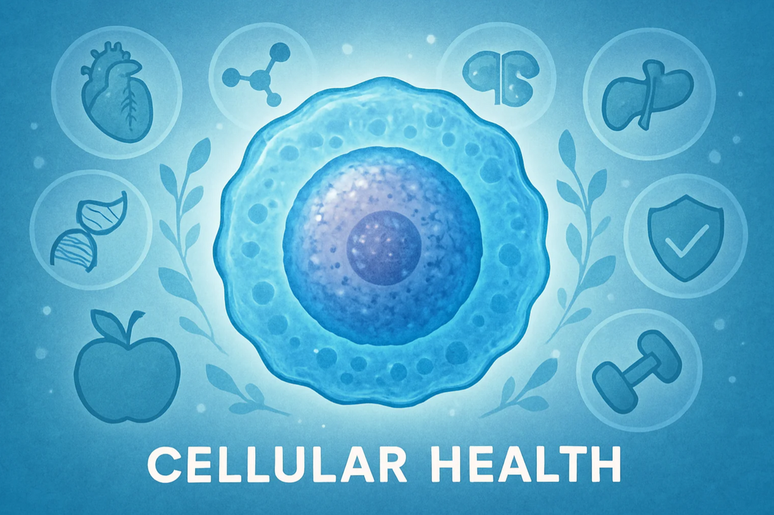 Illustration of healthy and aging cells showing mitochondria, DNA repair, and cellular energy production