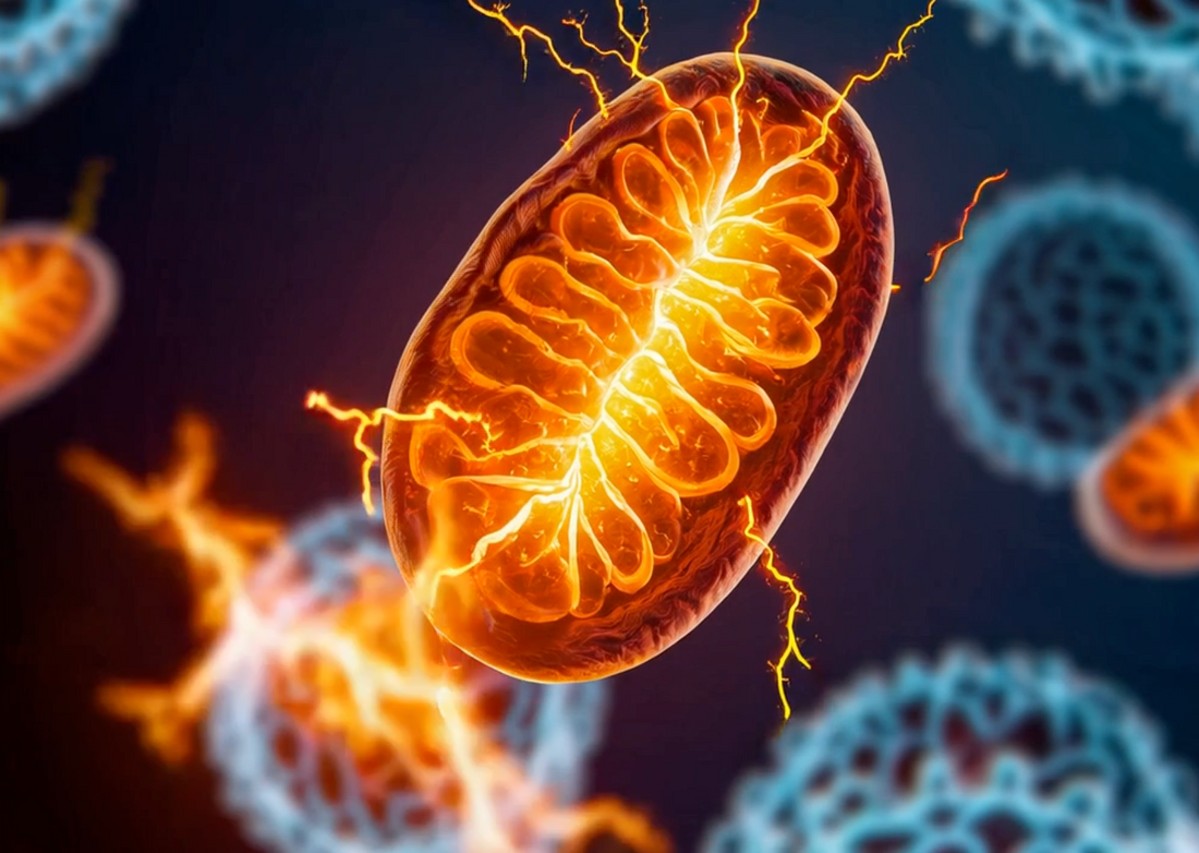 Illustration of mitochondria inside a cell showing energy production and aging processes