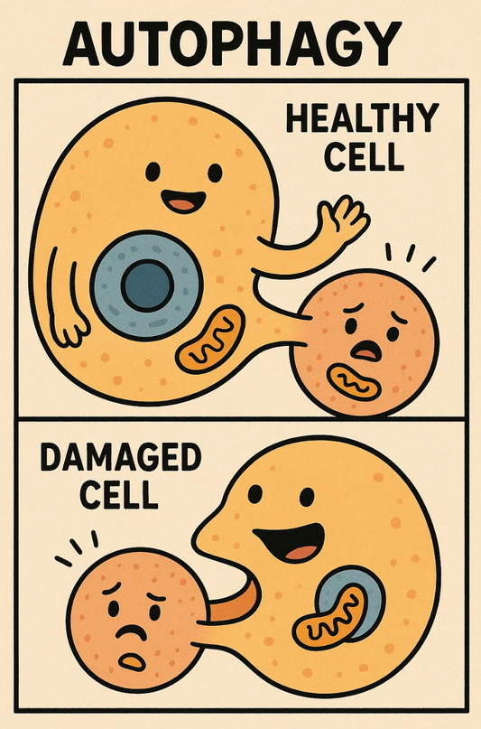 Illustration of autophagy process showing cellular cleanup and recycling of damaged cell components
