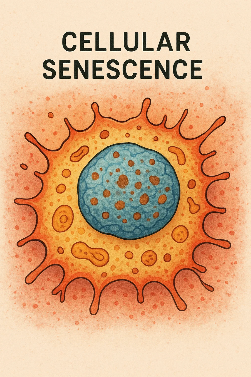 Illustration of senescent zombie cells releasing inflammatory signals and their impact on healthy tissue aging