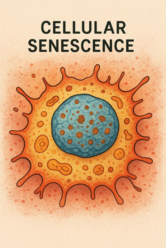 Illustration of senescent zombie cells releasing inflammatory signals and their impact on healthy tissue aging