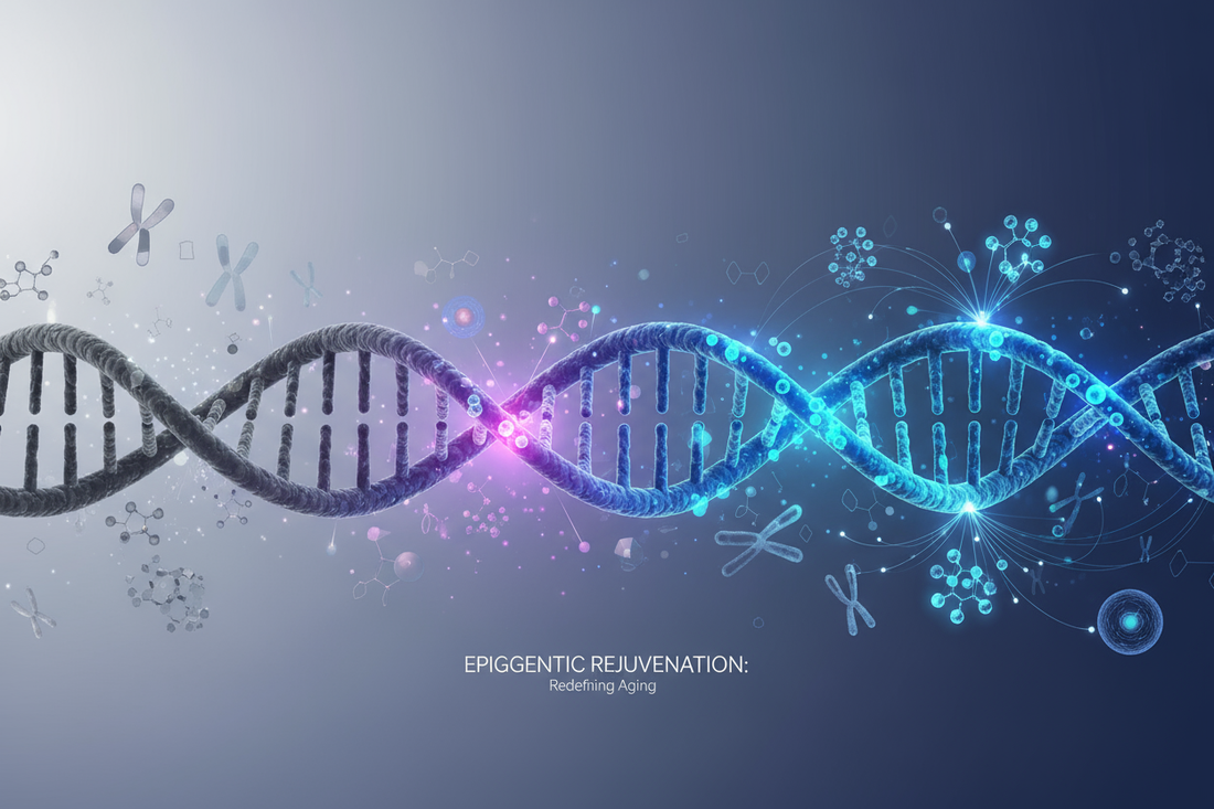Illustration of epigenetic science and aging showing DNA methylation patterns, biological age clocks, and longevity pathways