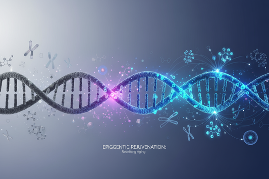 Illustration of epigenetic science and aging showing DNA methylation patterns, biological age clocks, and longevity pathways